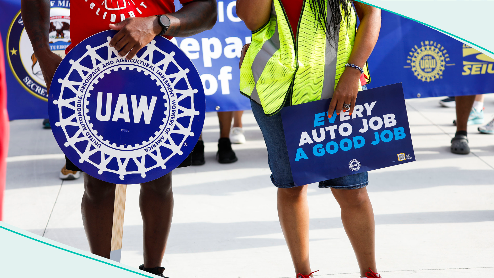 United Auto Workers members march in the Detroit Labor Day Parade on September 4, 2023 in Detroit, Michigan.