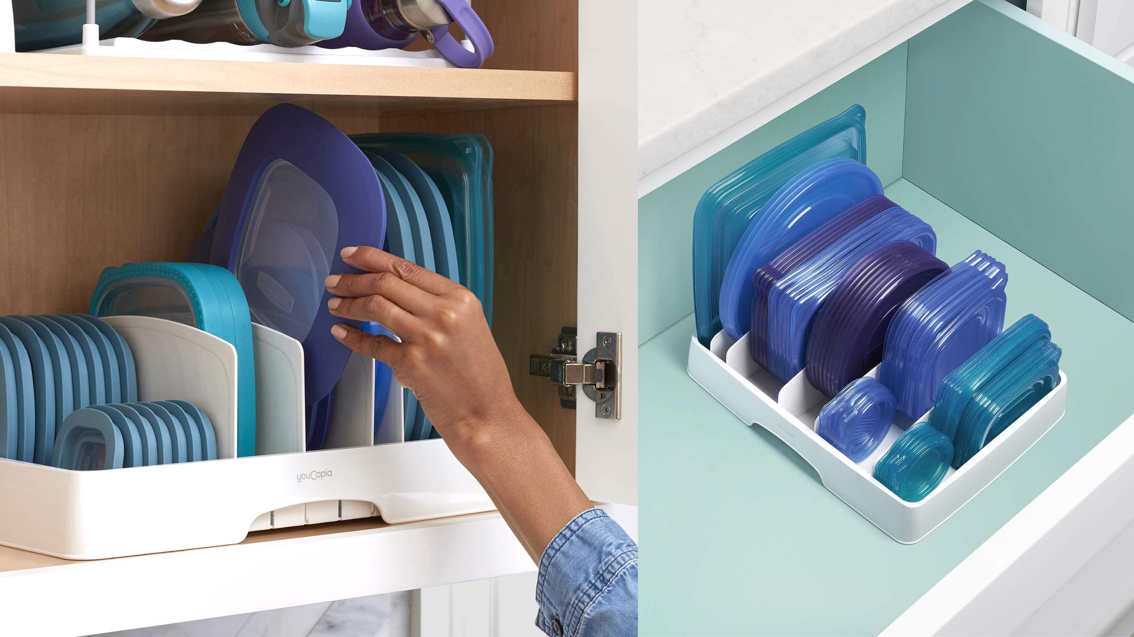plastic storage organizer to separate and hold your food container lids of different sizes