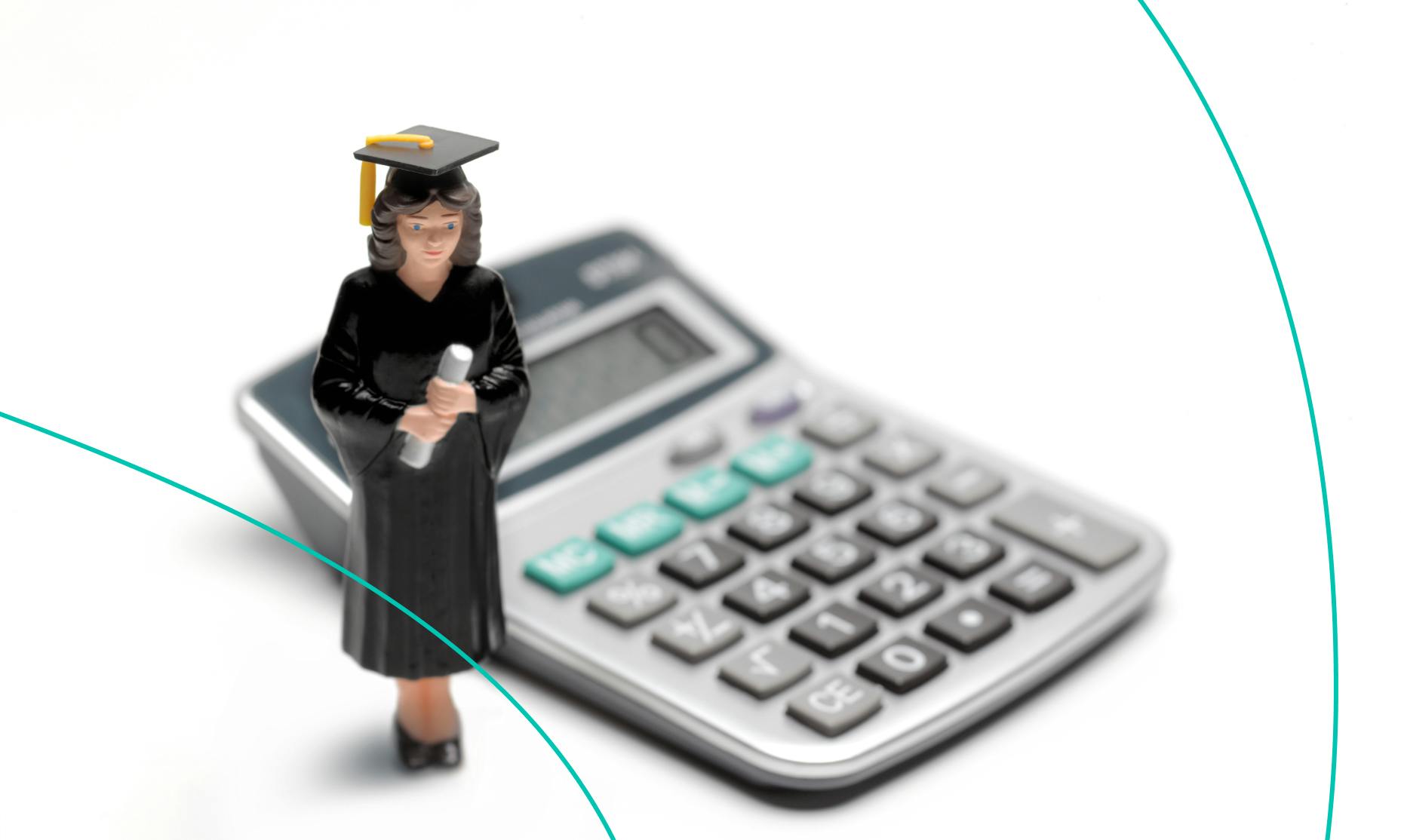 Graduate figure in front of a calculator