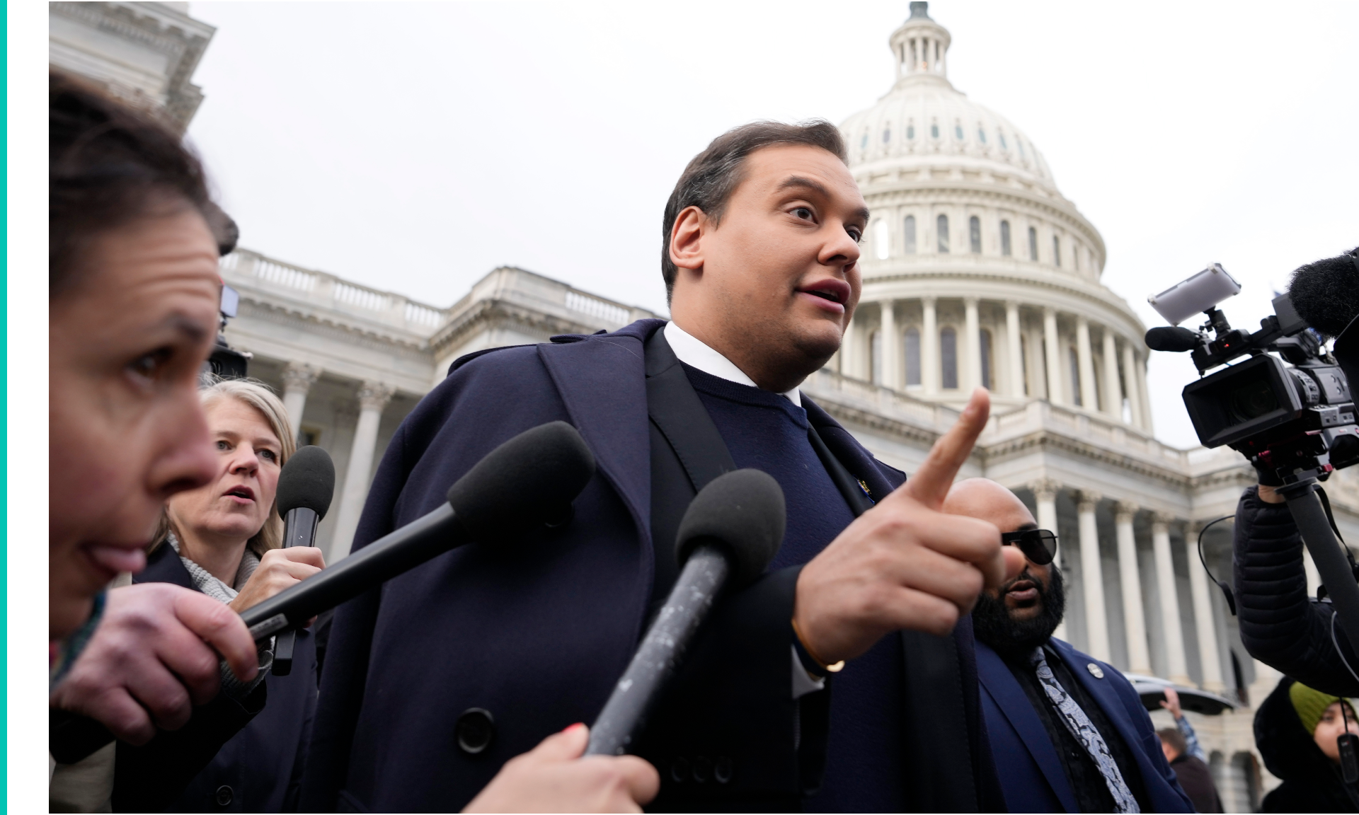 Rep. George Santos (R-NY) is surrounded by journalists as he leaves the U.S. Capitol after his fellow members of Congress voted to expel him from the House of Representatives 