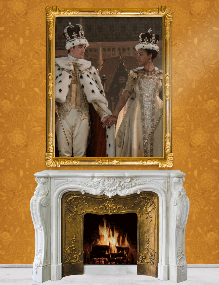 Queen charlotte in a frame above a fireplace