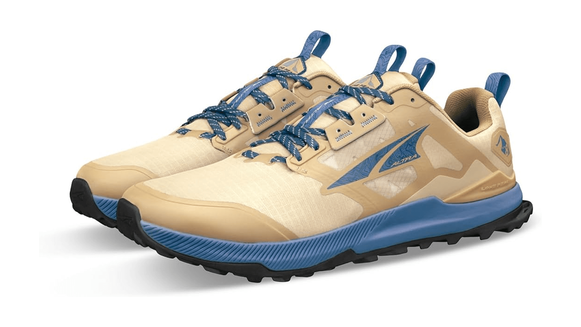 Tan sneakers with blue accents