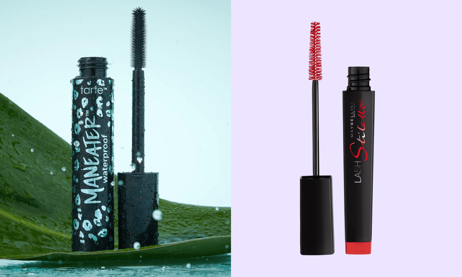 Black tube of mascara with metallic blue accents; black mascara tube with red writing and lash brush