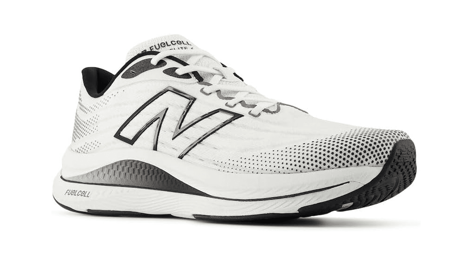 White sneakers with black logo and accents