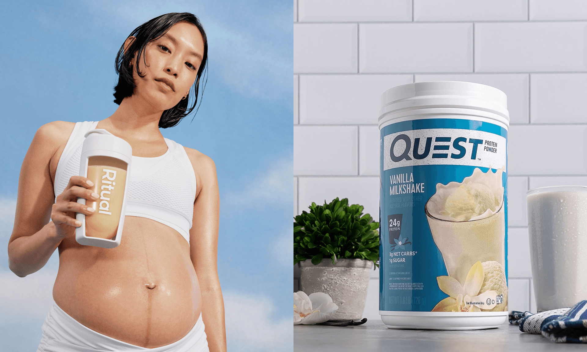 Pregnant woman with Ritual protein shake, Quest protein powder on counter