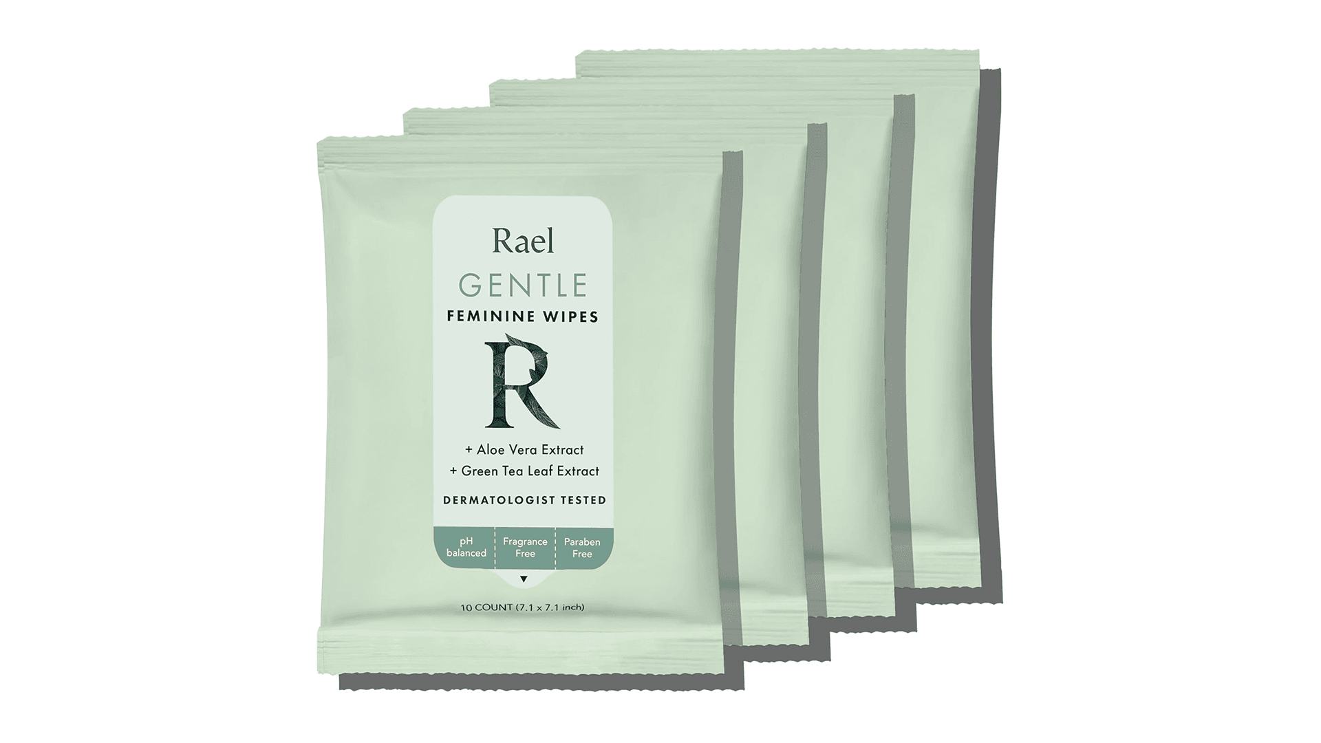 four green packets of Rael feminine wipes