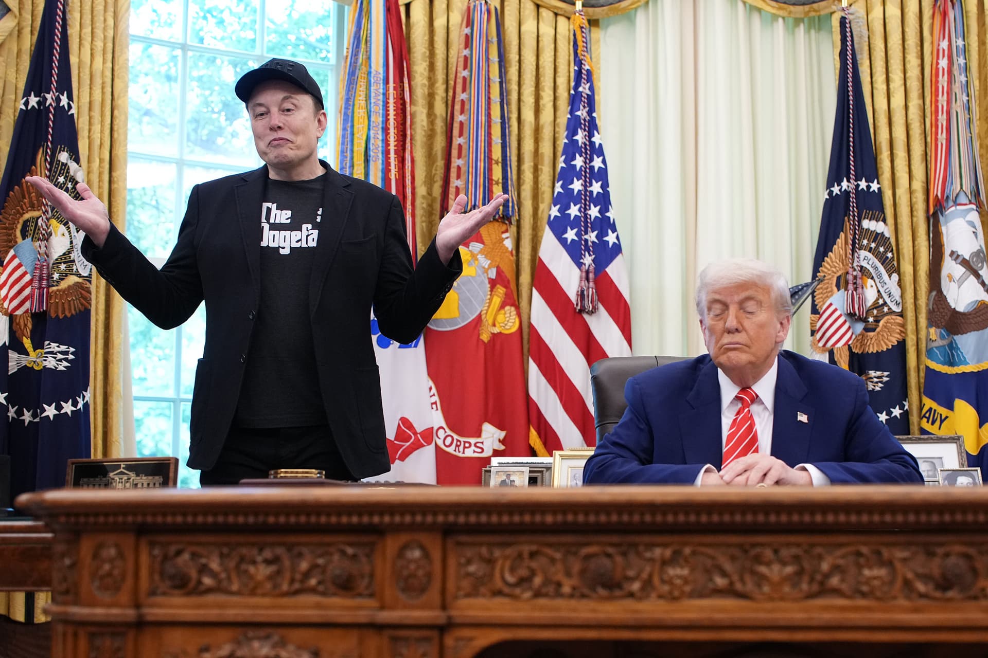 Tesla CEO Elon Musk speaks alongside U.S. President Donald Trump to reporters in the Oval Office of the White House on May 30, 2025 in Washington, DC.