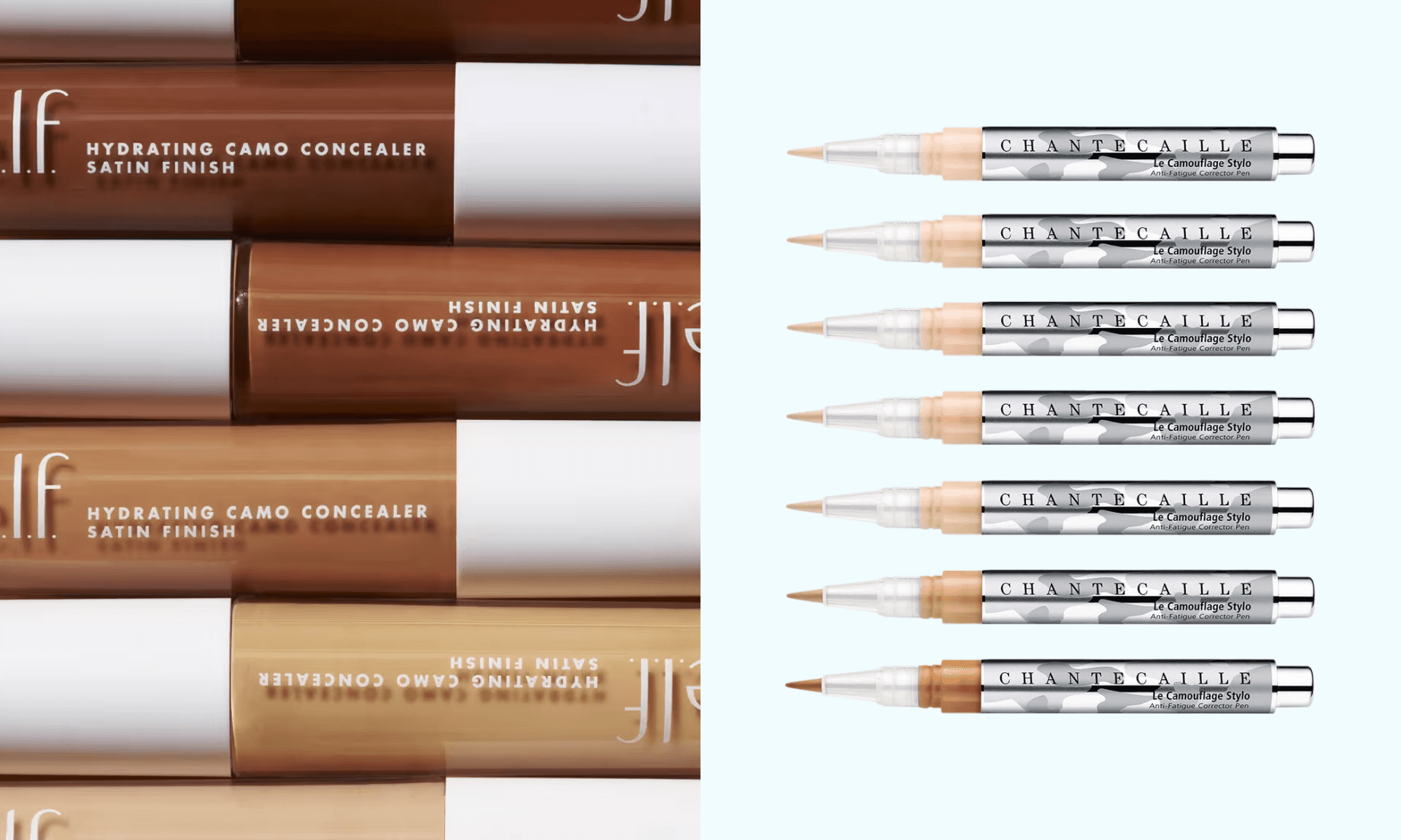 Stacked bottles of e.l.f. concealer; different shades of Chantecaille Stylo concealer