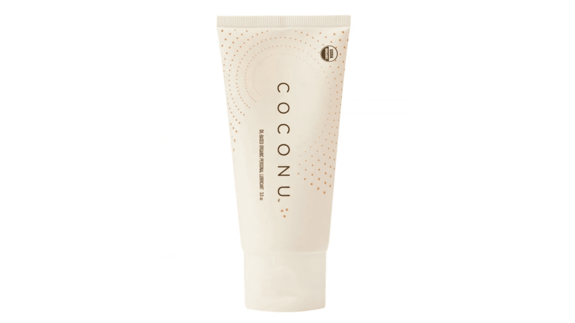 Beige squeeze tube with "Coconu" and polka dot pattern