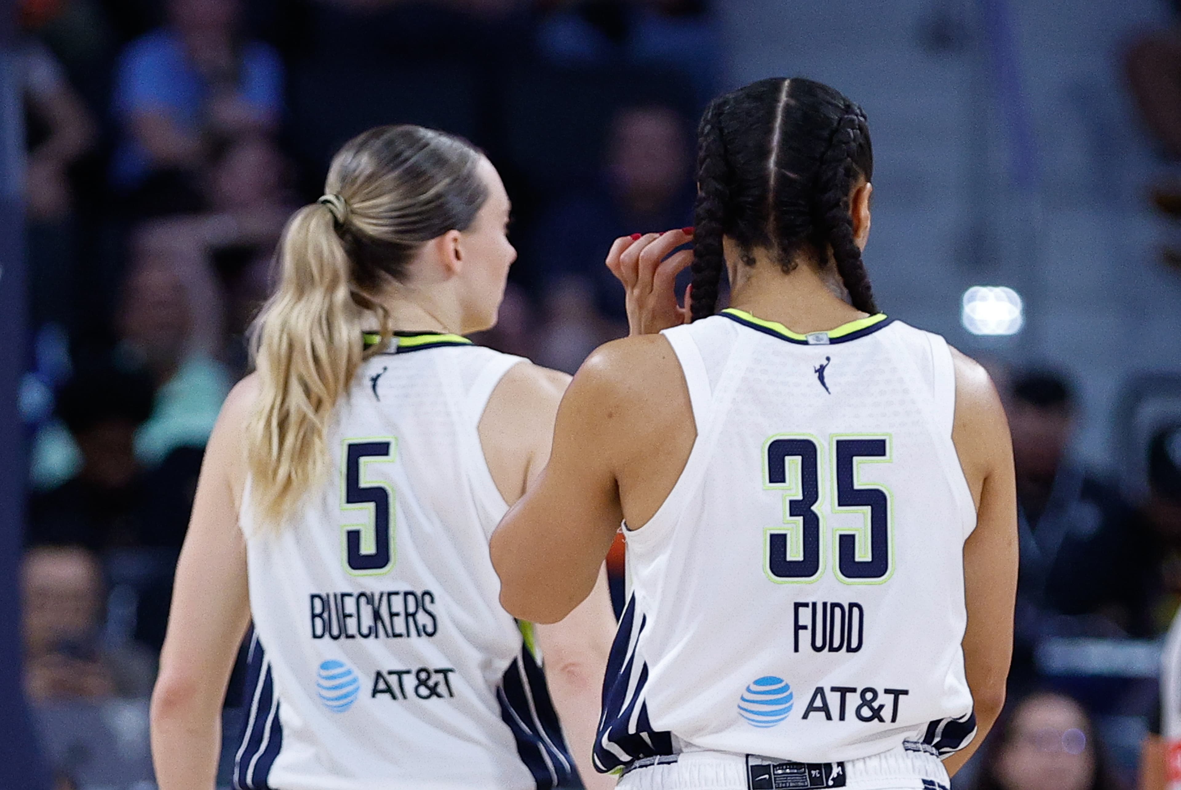 Paige Bueckers #5 of the Dallas Wings and Azzi Fudd #35 of the Dallas Wings during the WNBA game between Dallas Wings and Connecticut Sun on July 2, 2026