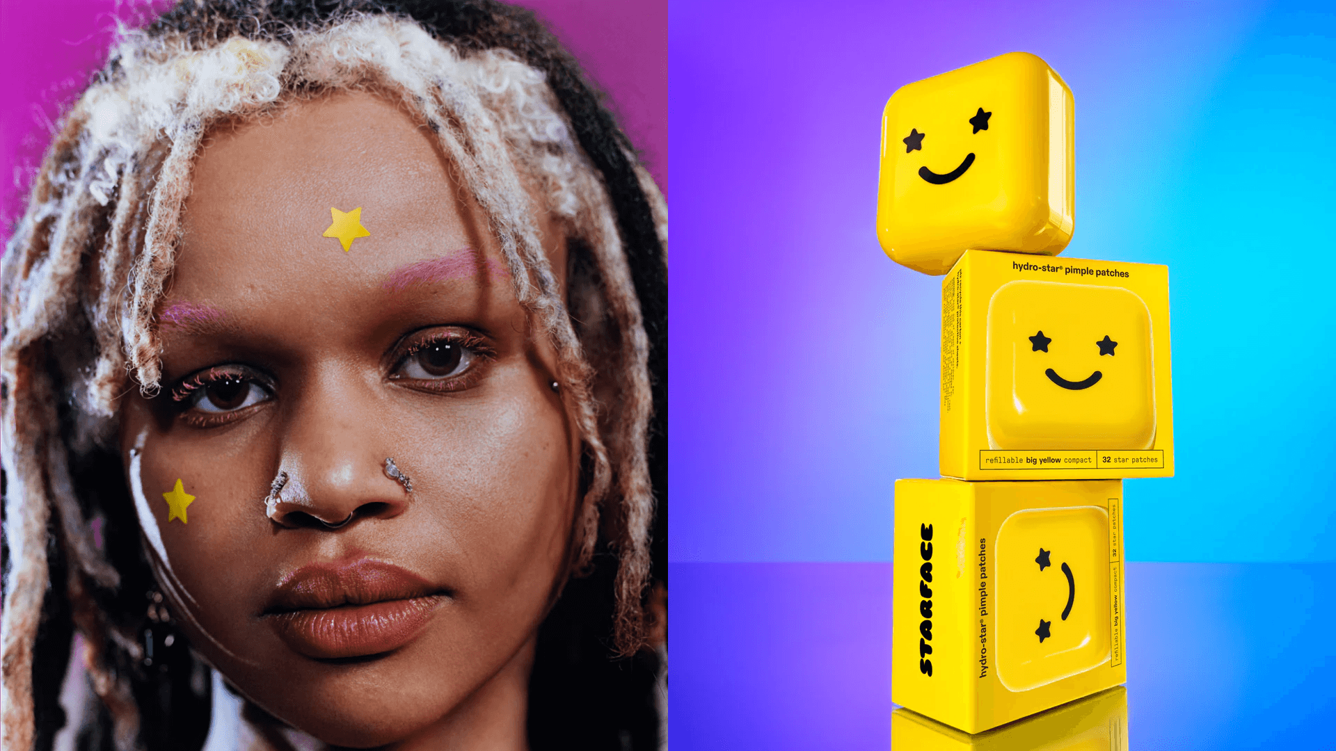 Woman wearing Hydro-Star pimple patches; Hyro-Star containers stacked in front of a blue and purple gradient background