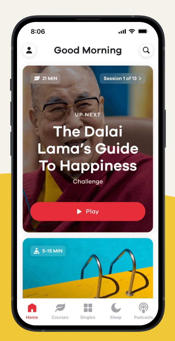 A screenshot of a meditation app featuring a photo of the Dalai Lama, representing free meditation apps