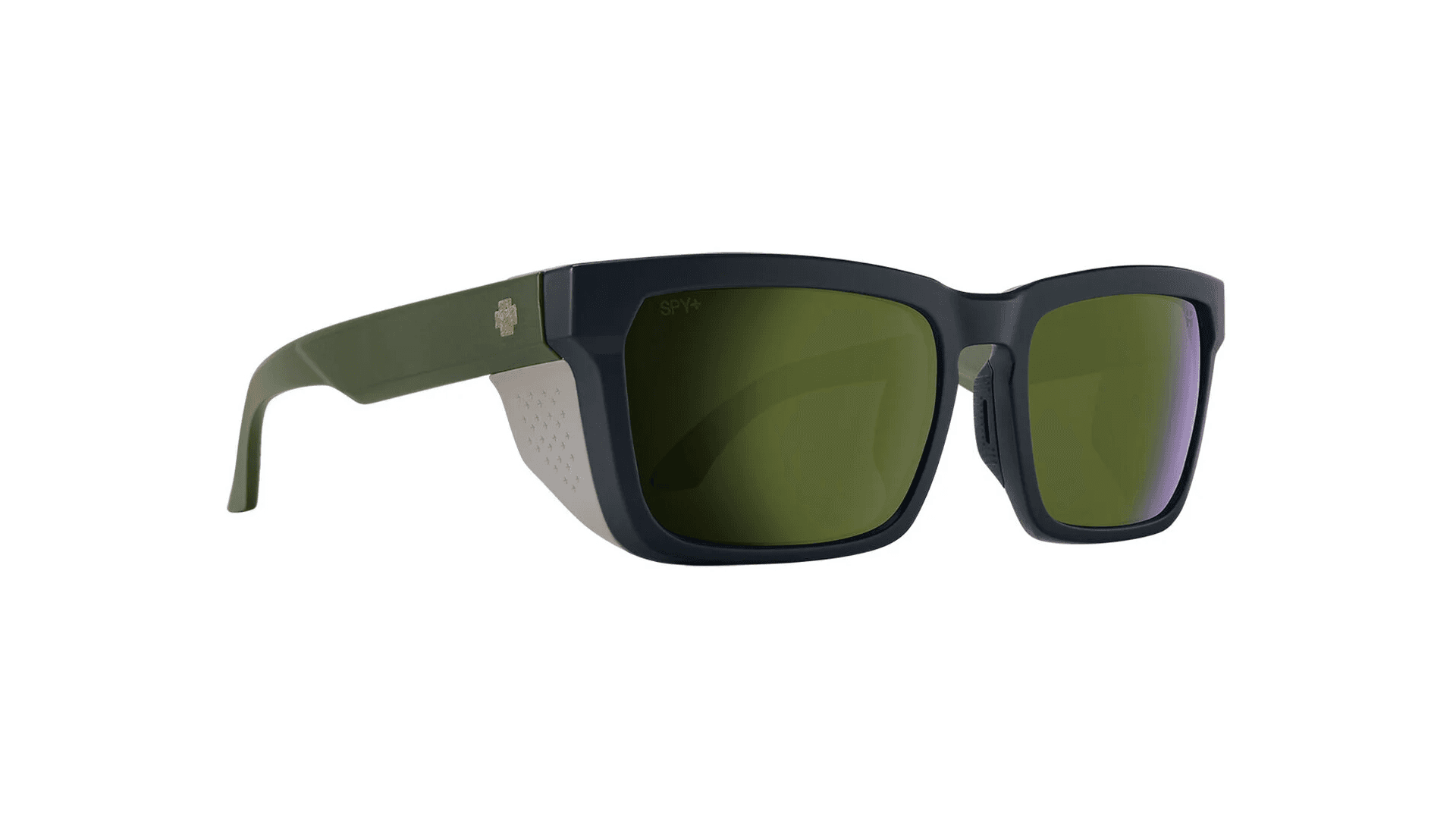 Sunglasses with green arms, green lenses, and black frame