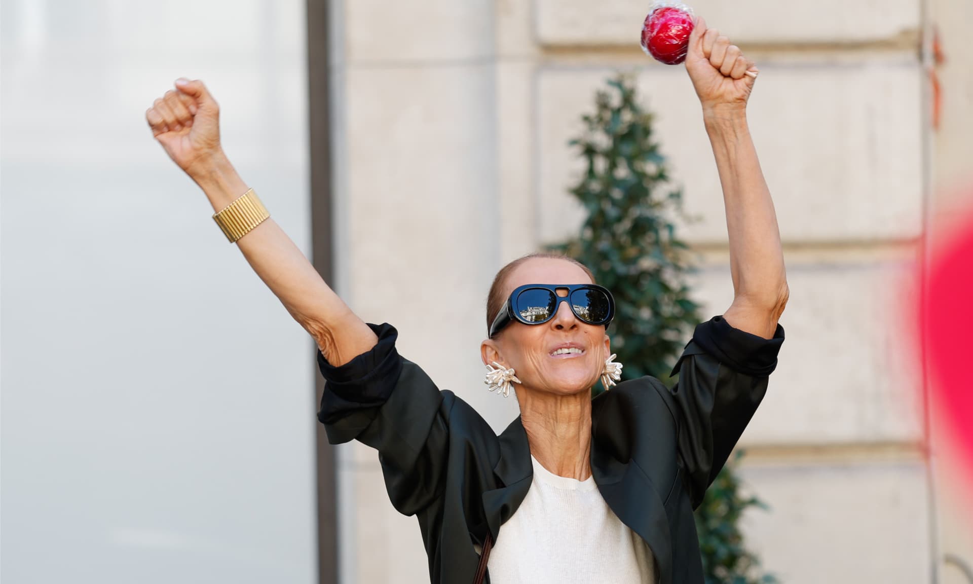 Celine Dion with arms in the air