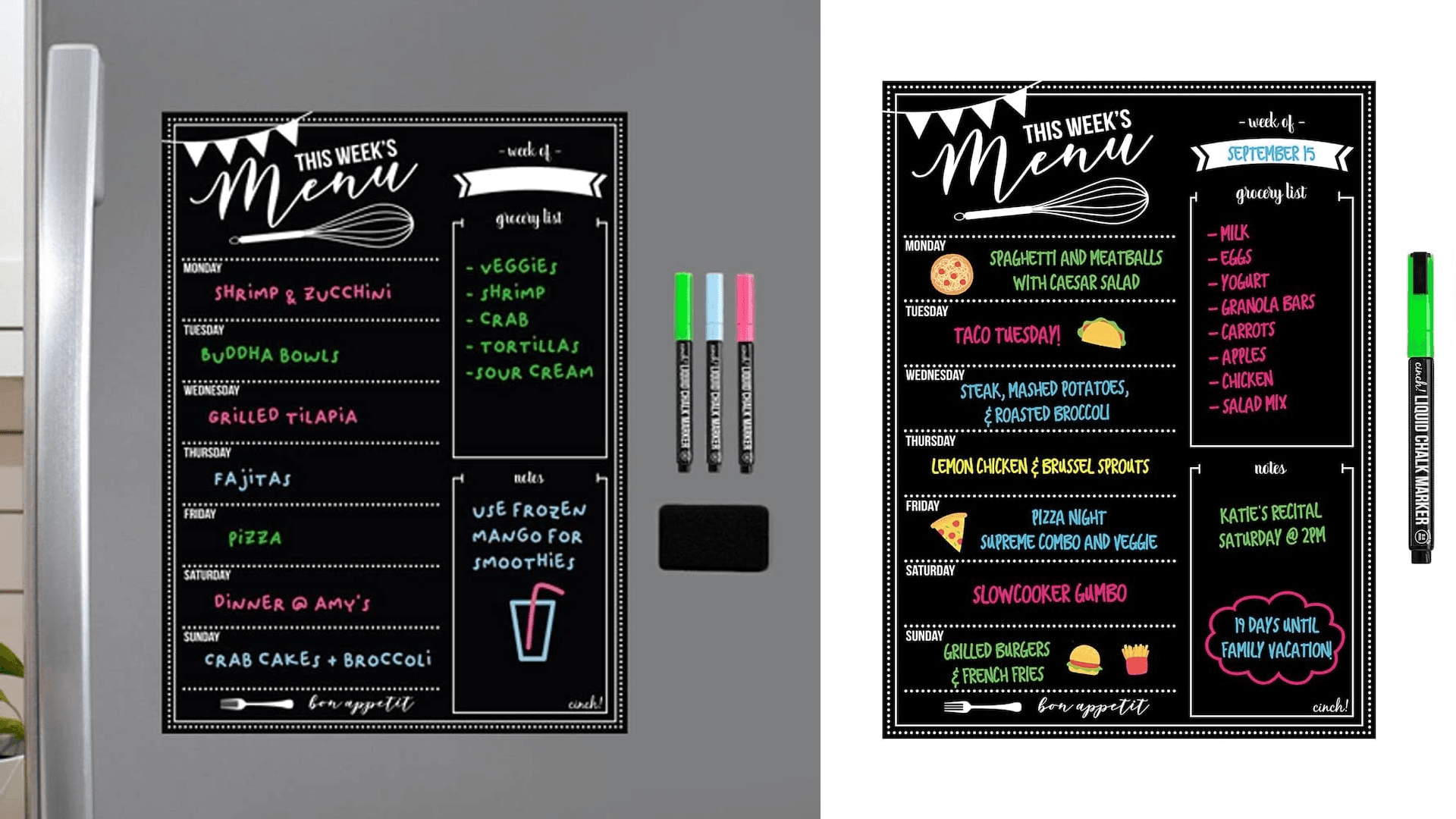 Cinch Magnetic Meal Planner for Refrigerator 16"x12"-Magnetic Menu for Refrigerator w/ 3 Neon Chalk Markers- Weekly Meal Planner Magnetic Blackboard & Dinner Menu Board for Kitchen, Kitchen Menu Board