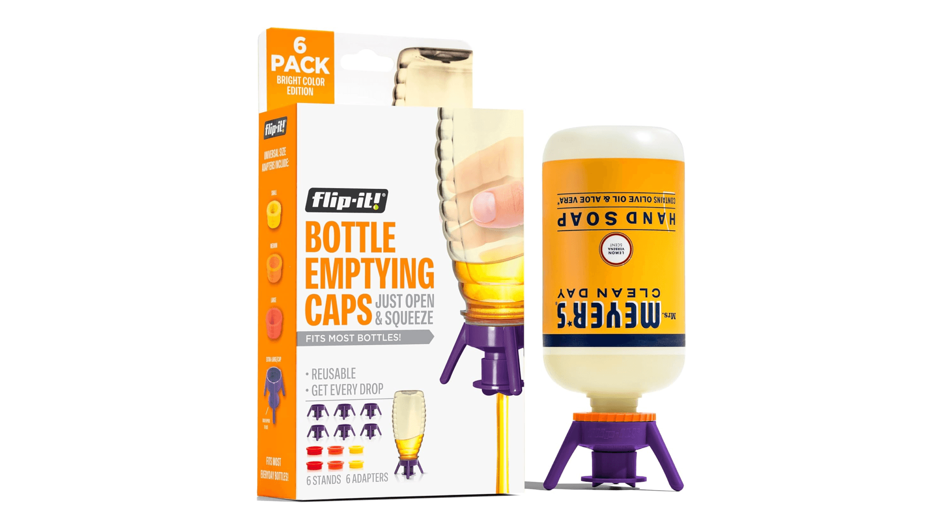 Flip-It! Bottle Emptying Kit – 6 Bottle Pack - No more wasted product - Fits most plastic bottles – 6 Base Caps, 6 Adapters – Bright Color Edition