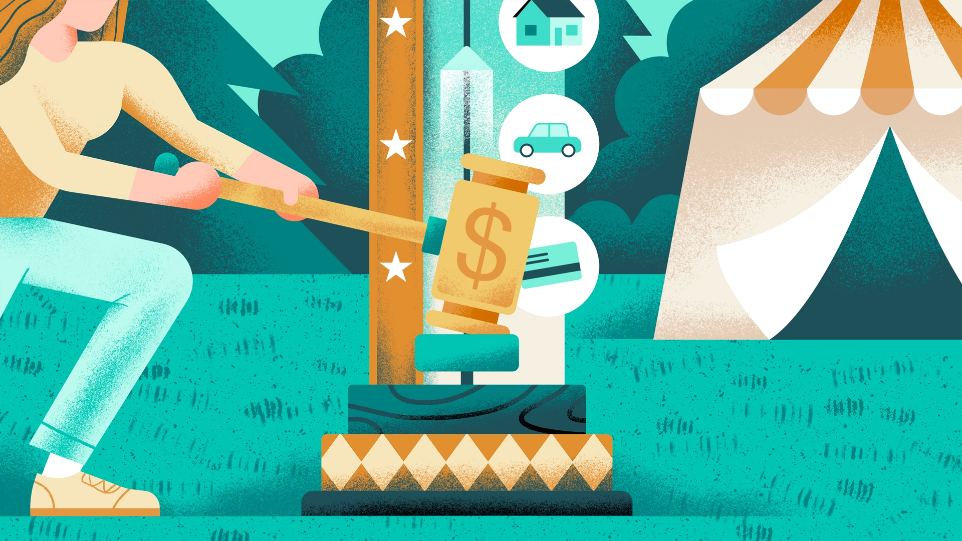 Woman hitting mallet on a carnival game