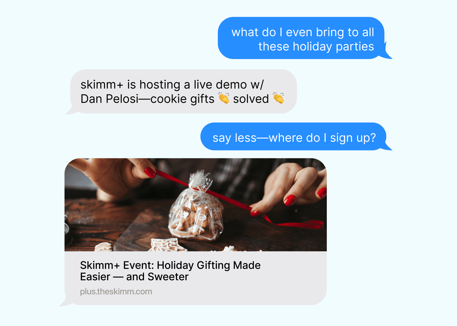 texting about skimm plus holiday gifting event