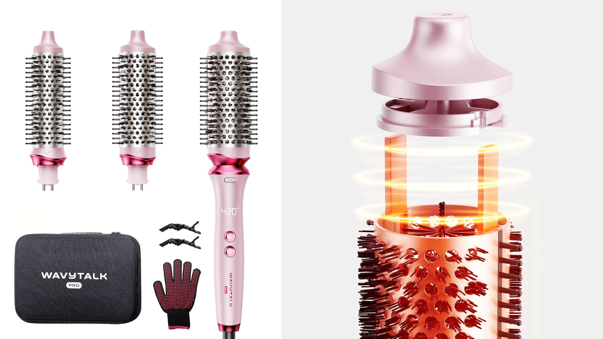 Wavytalk Pro Thermal Brush Set, Negative Ion Thermal Round Brush, Dual Voltage Heated Round Brush Styler with 3 Sizes Detachable Brush for Short and Long Hair One-Step Shiny Blowout Look, Pink