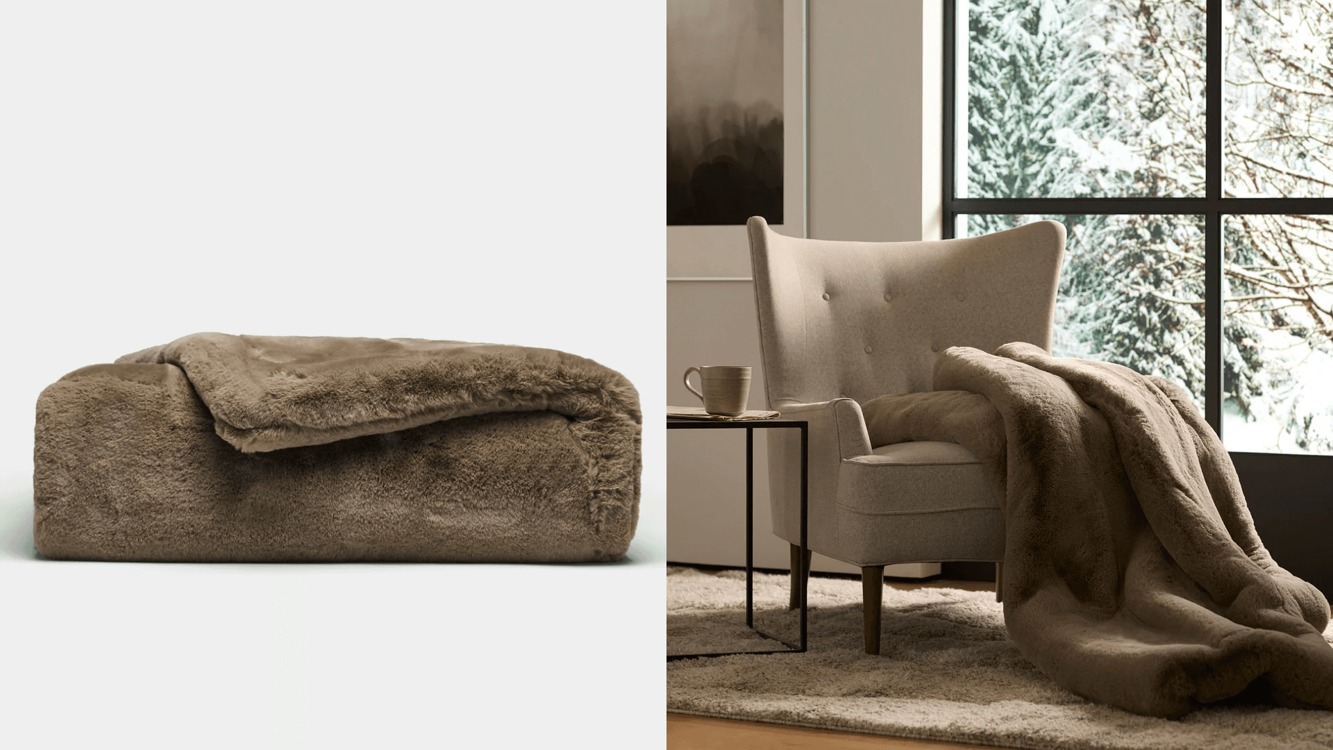 Brown blanket on gray background; brown blanket draped on beige chair in front of snowy window