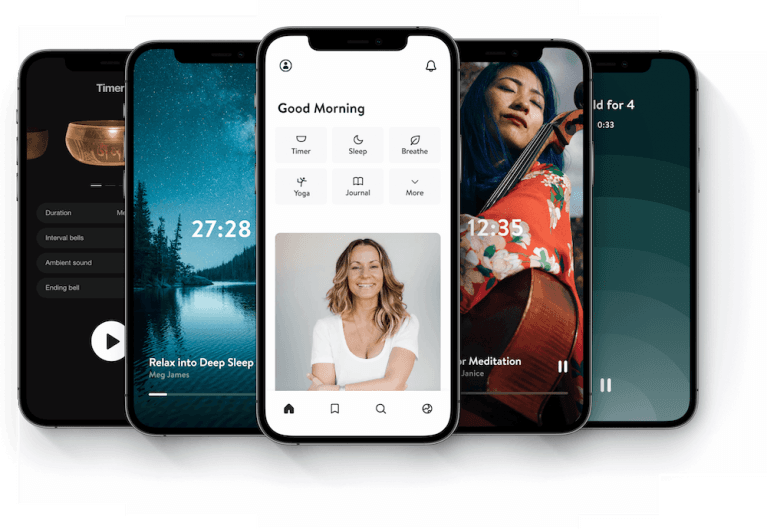 Five phone screens depicting a meditation app with guided meditation tracks, a calendar, and music.