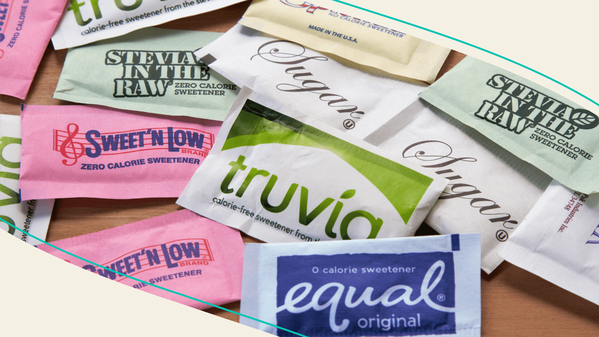 Packets of sugar substitutes and artificial sweeteners including equal, stevia, truvia,