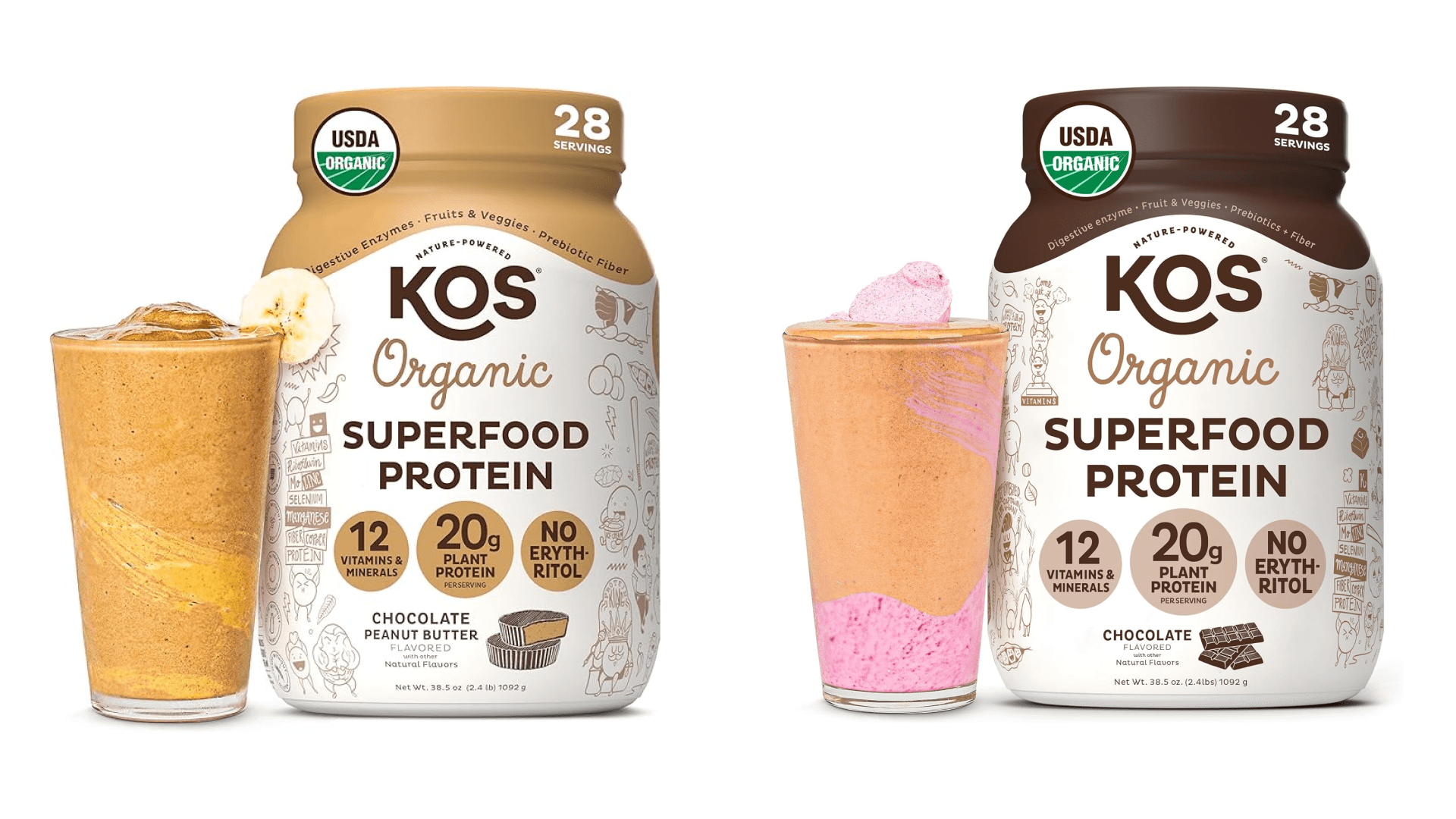 KOS protein powder and shakes in chocolate and chocolate peanut butter