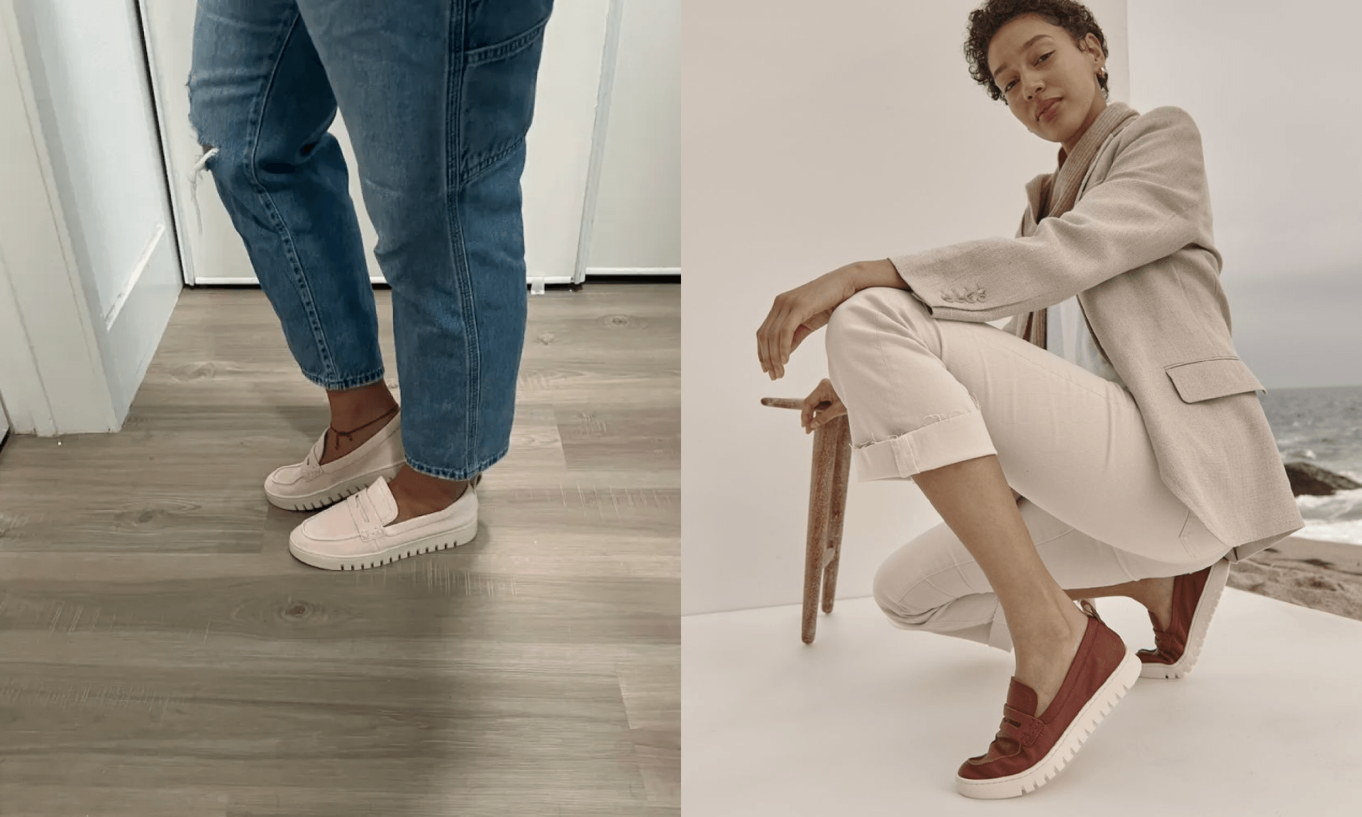 Women wearing loafers in pink and cognac