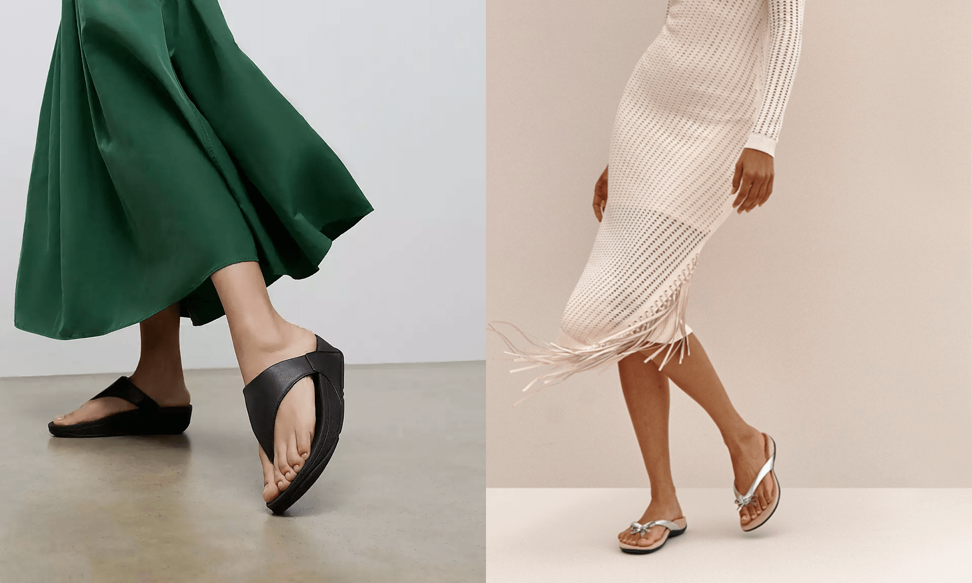 Woman wearing black flip flops, woman wearing silver flip flops