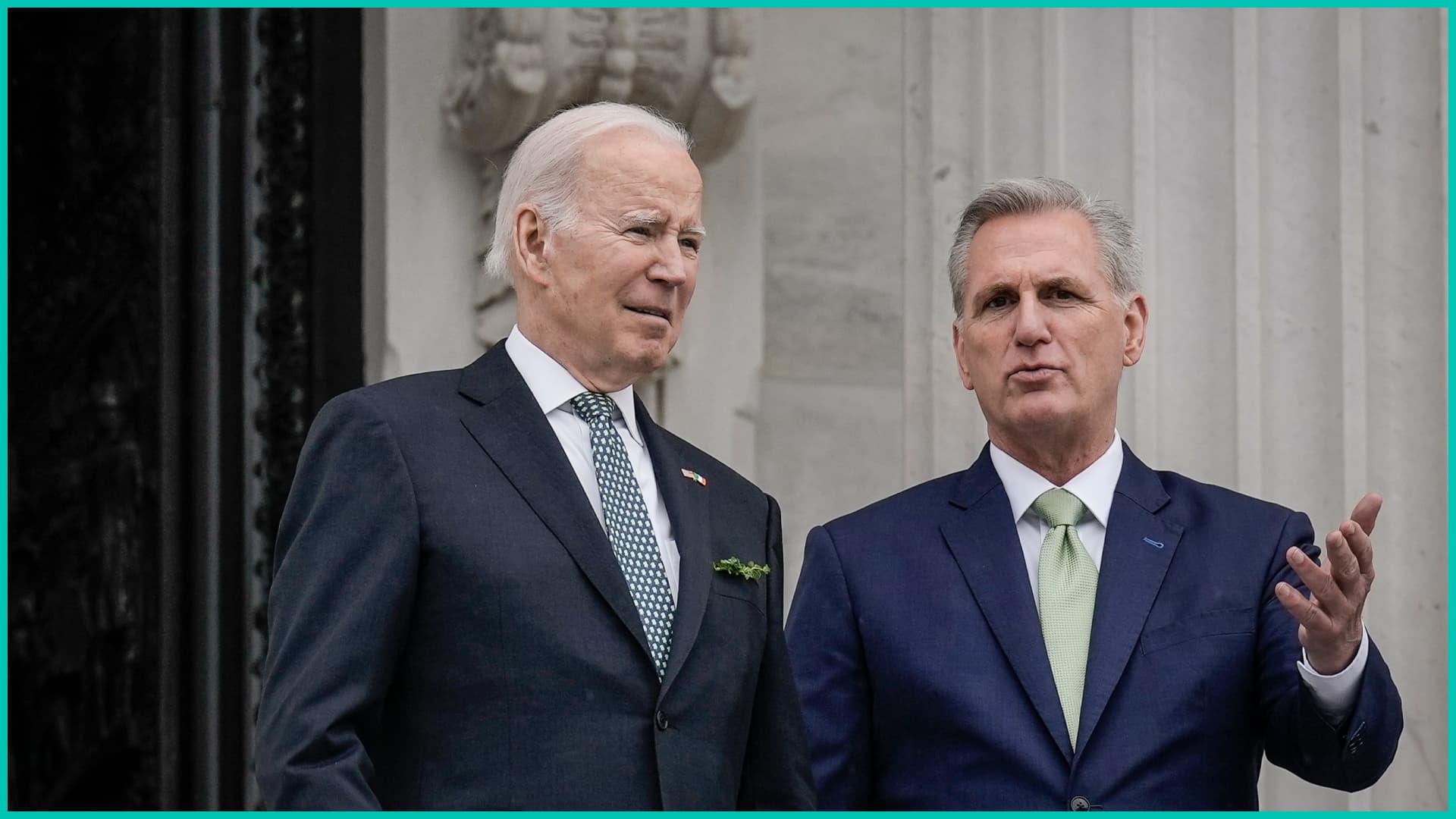 U.S. President Joe Biden and Speaker of the House Kevin McCarthy (R-CA) talk as they depart the U.S. Capitol following the Friends of Ireland Luncheon on Saint Patrick's Day March 17, 2023 in Washington, DC.