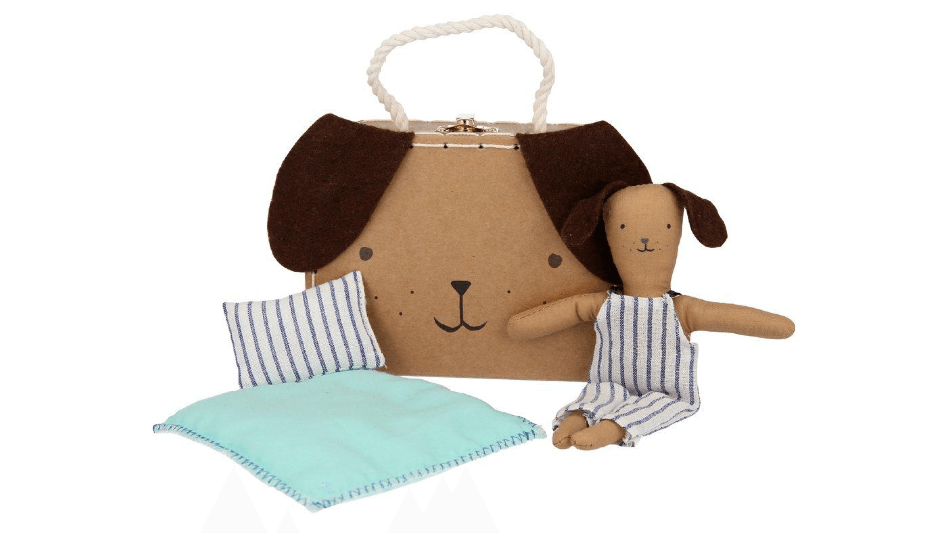 dog doll in a striped outfit