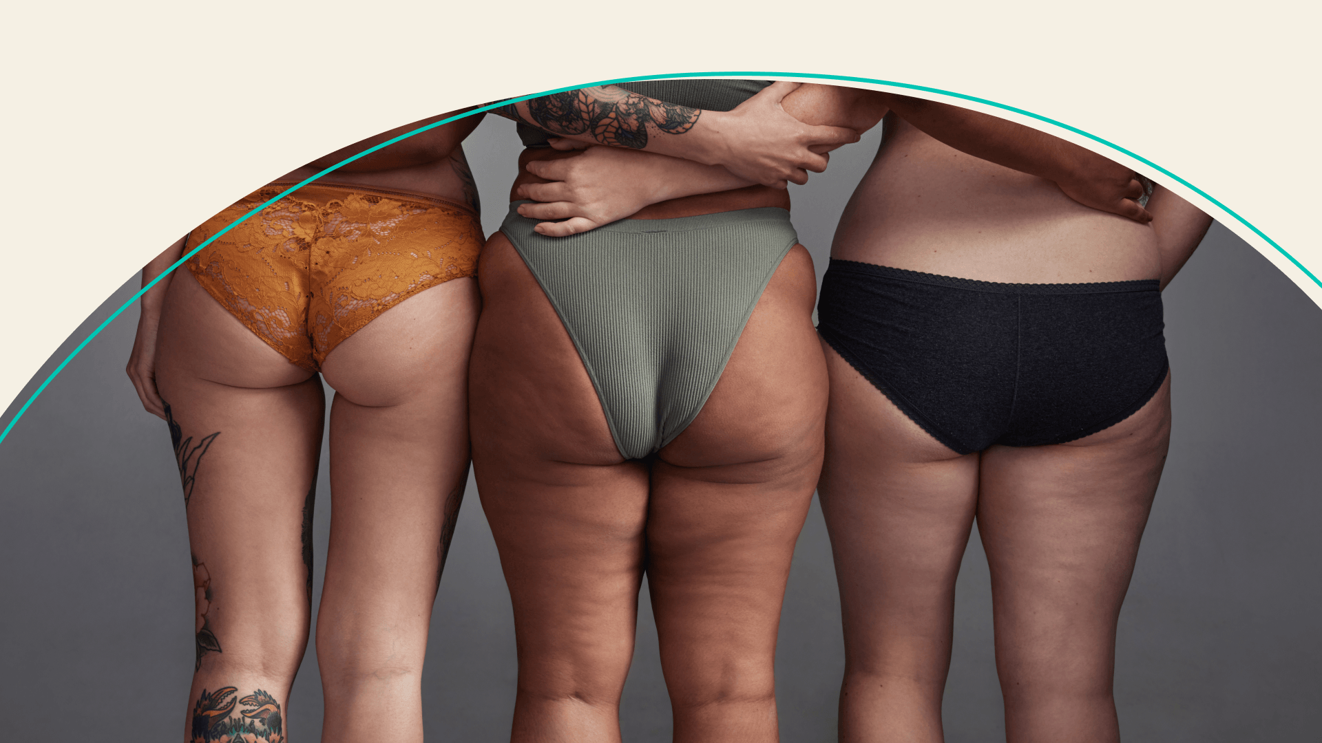 Three people standing with their backs to the camera in underwear