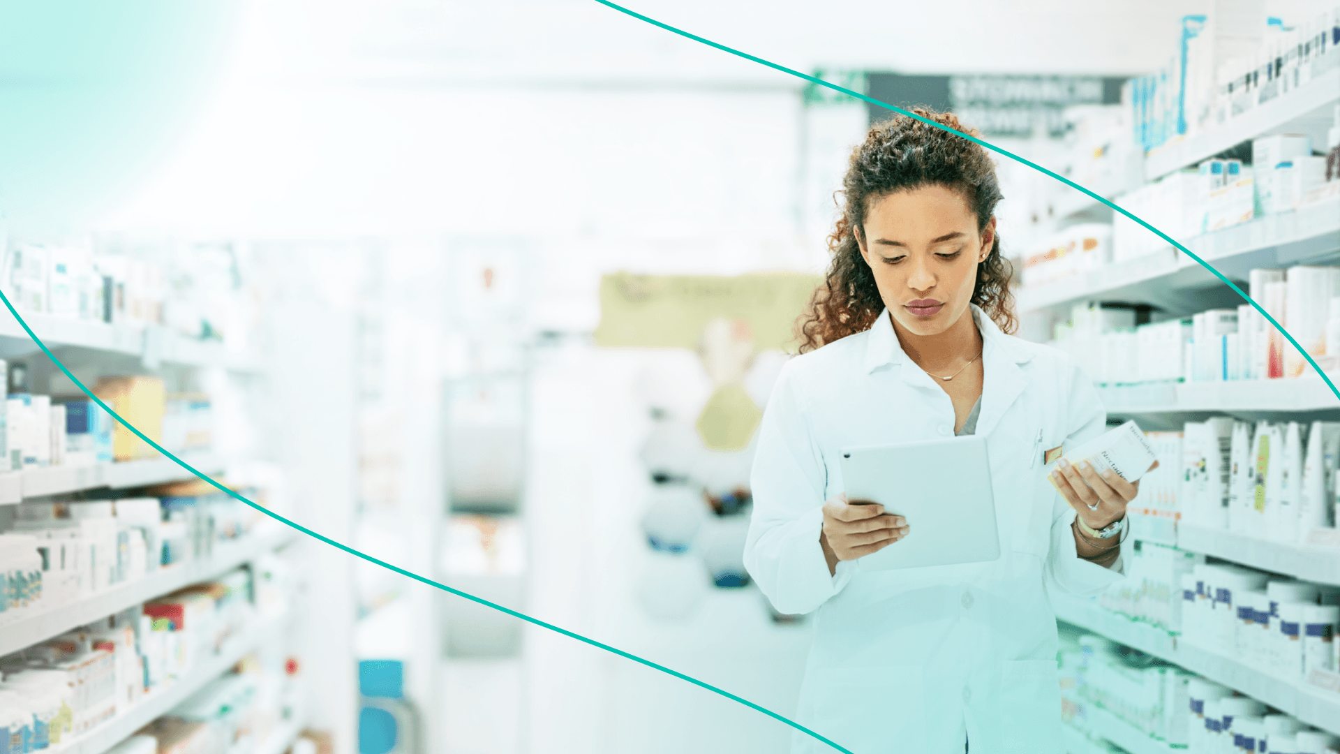 Pharmacist looking at prescription in an aisle