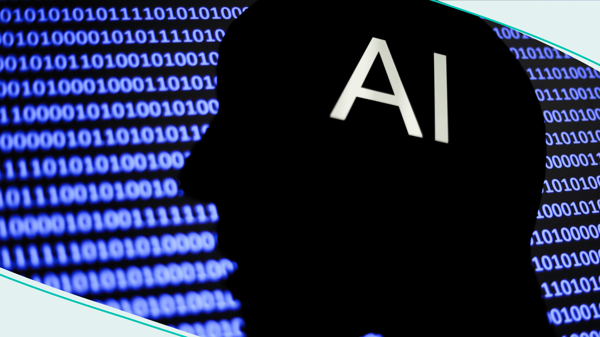 AI sign displayed on a phone screen, a silhouette of a paper in shape of a human face and a binary code displayed on a screen are seen in this illustration photo taken in Krakow, Poland on January 15, 2023.