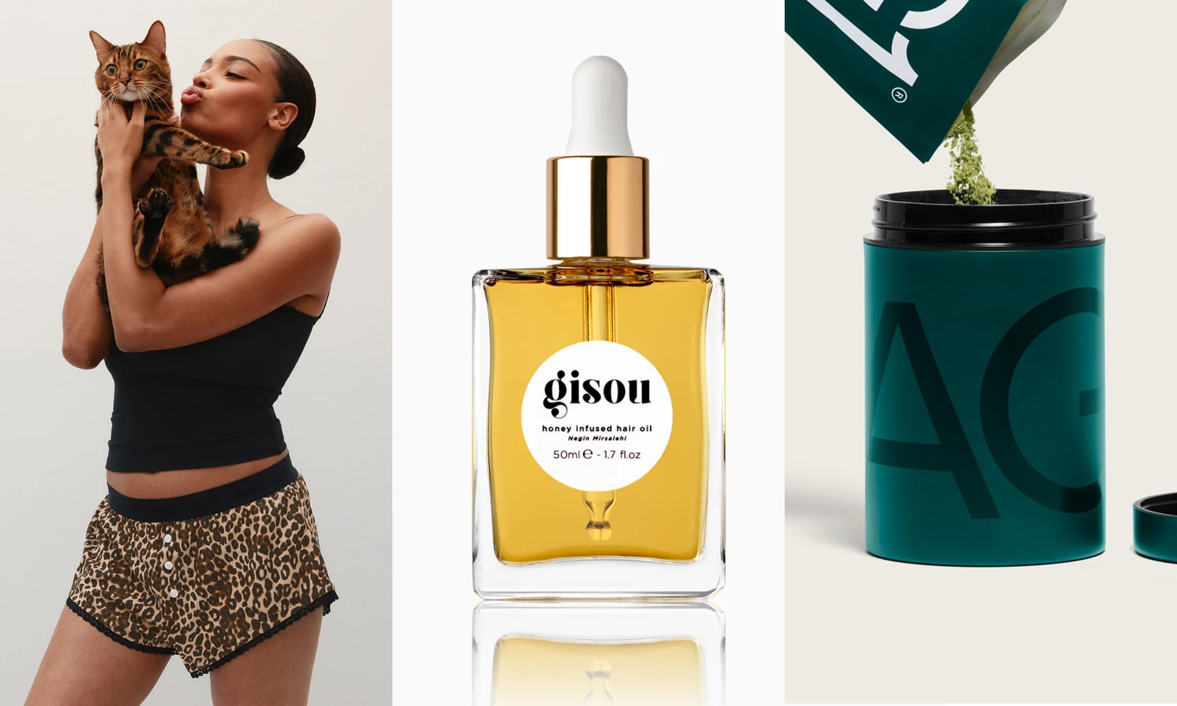 PJ shorts, hair oil, greens powder