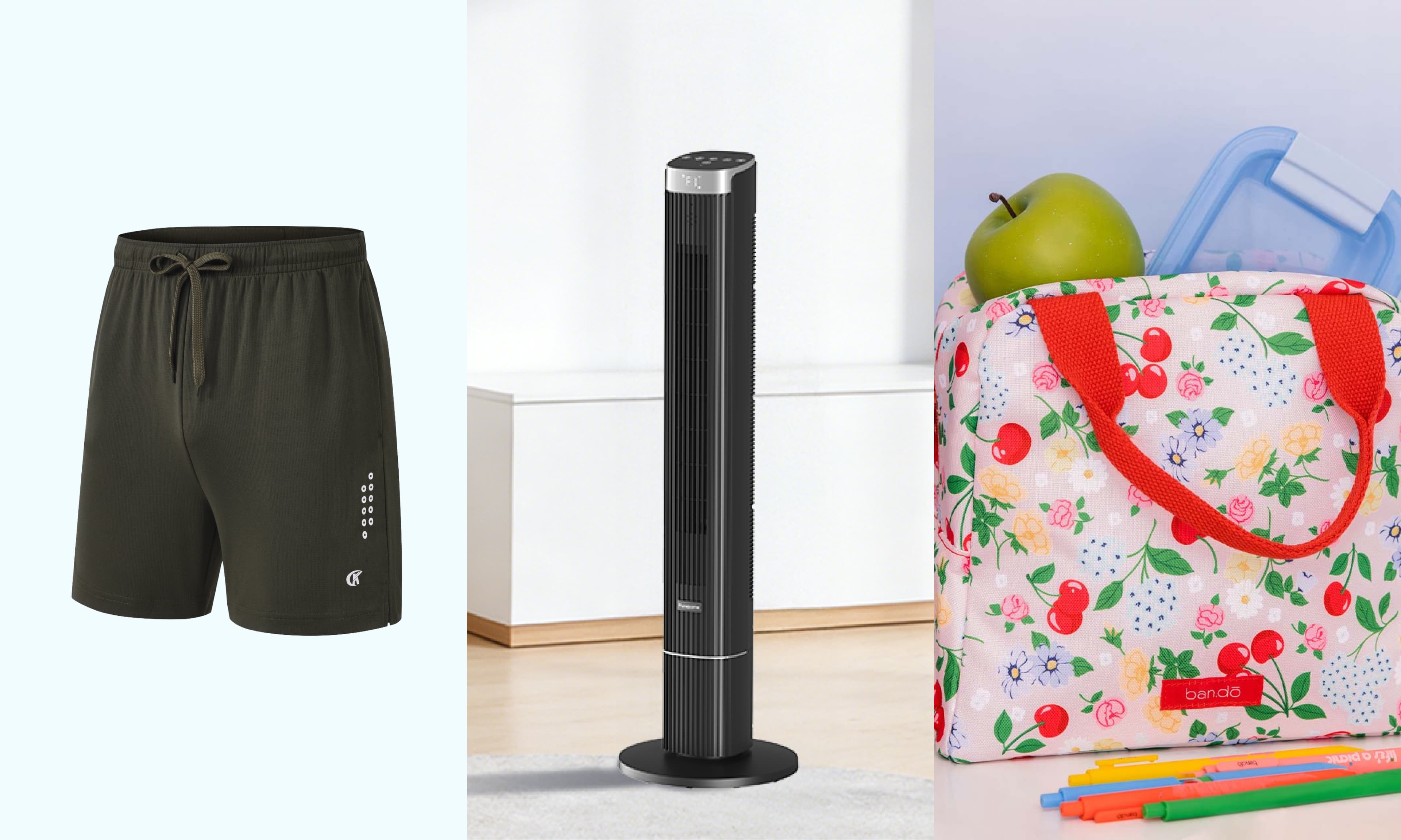 basketball shorts, tower fan, lunch tote