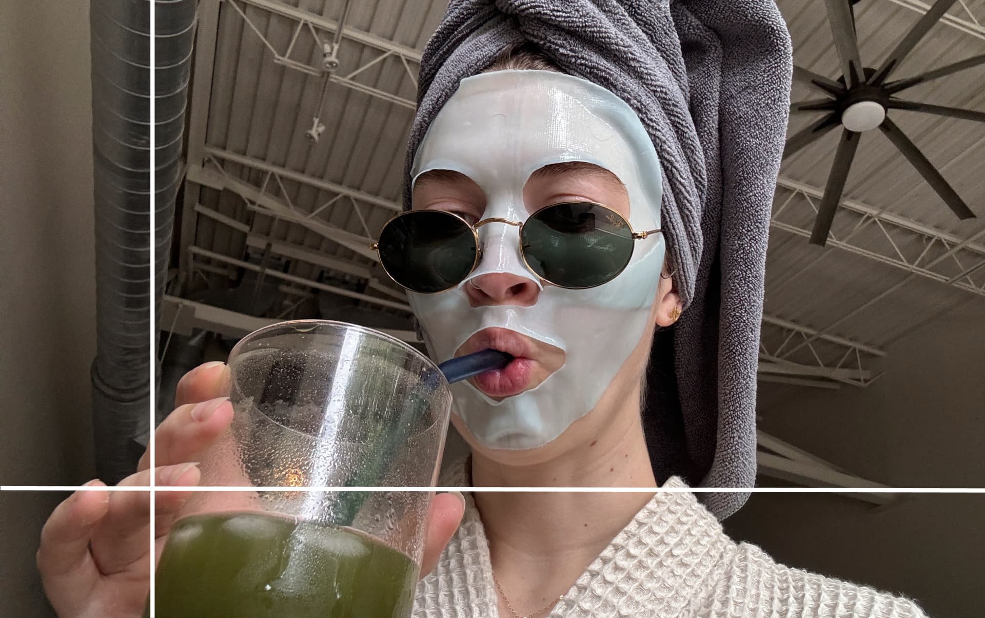 woman with face mask and matcha