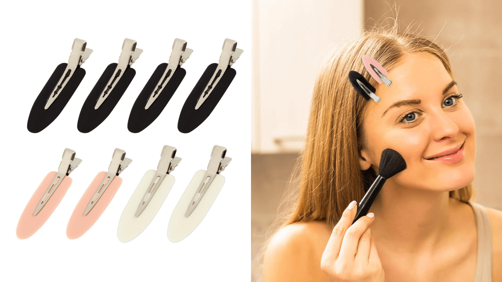 No-crease hair clips in various colors; girl applying makeup while wearing no crease clips