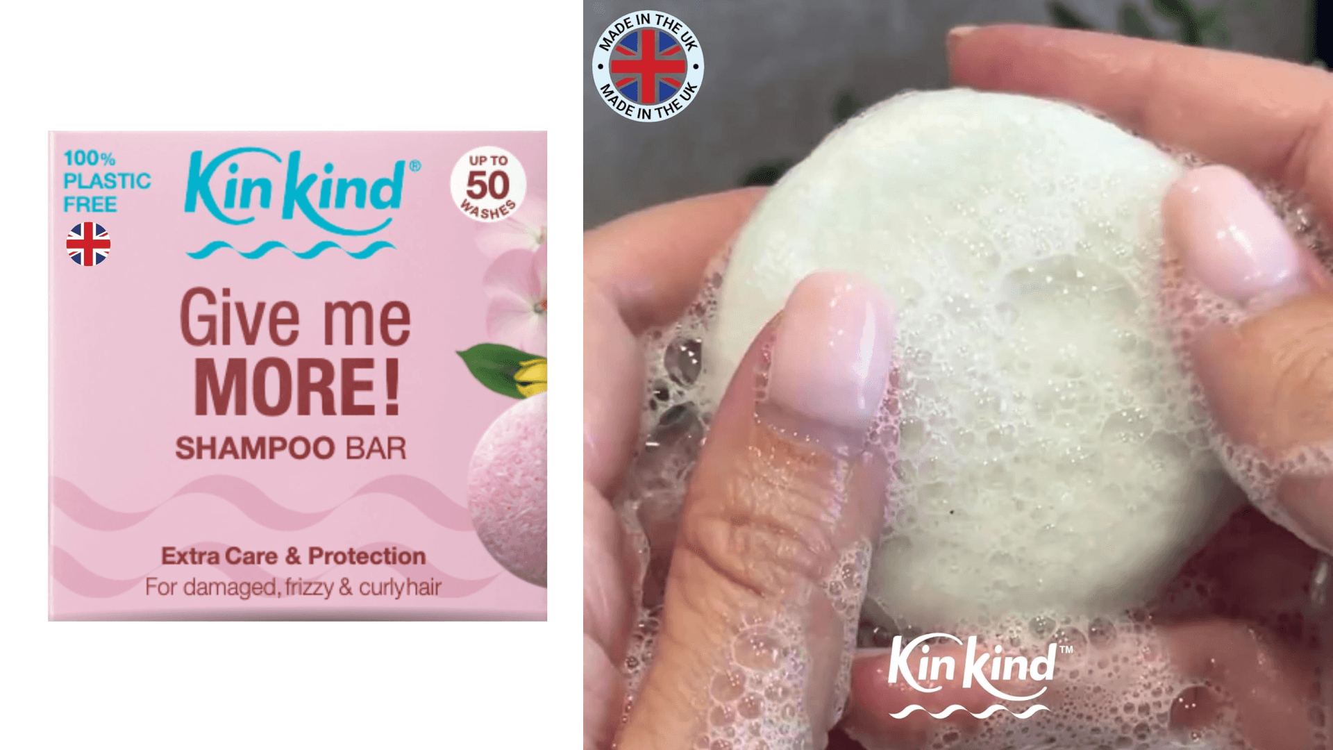 KinKind Give me MORE! Shampoo Bar for for Curly, Damaged & Frizzy hair. Extra Care & Protection. Up to 50 washes. Vegan. No silicones or parabens. UK made. 50g