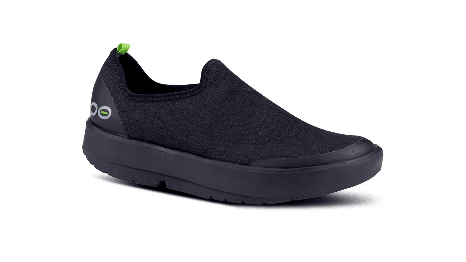 Black slip-on shoe with neon green pull tab