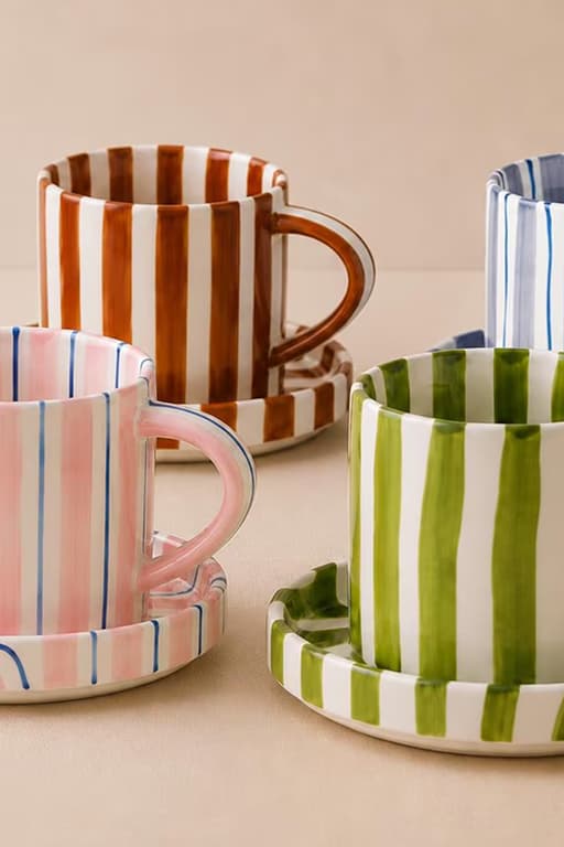 Artisan Striped Coffee Mug Set with Saucers