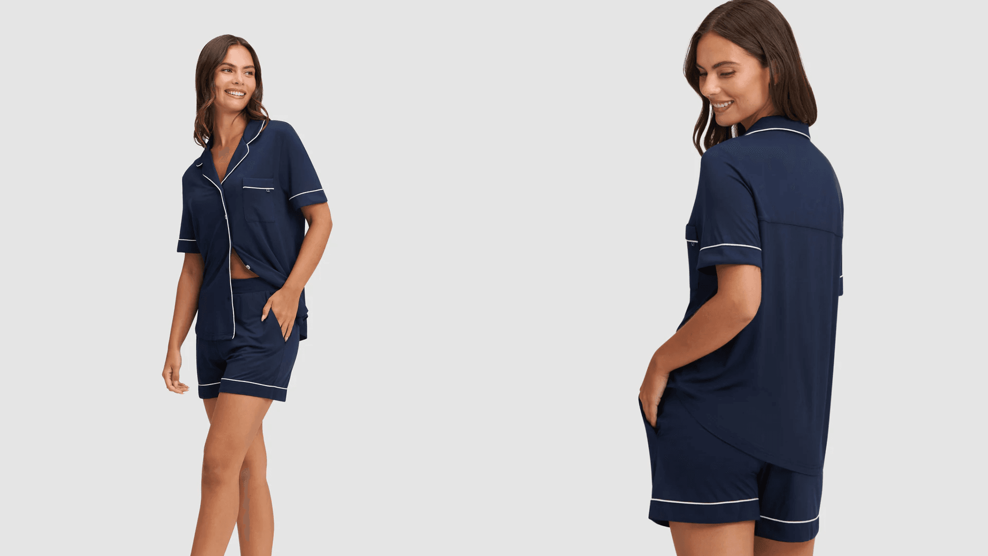 Woman wearing navy pajamas with white accents