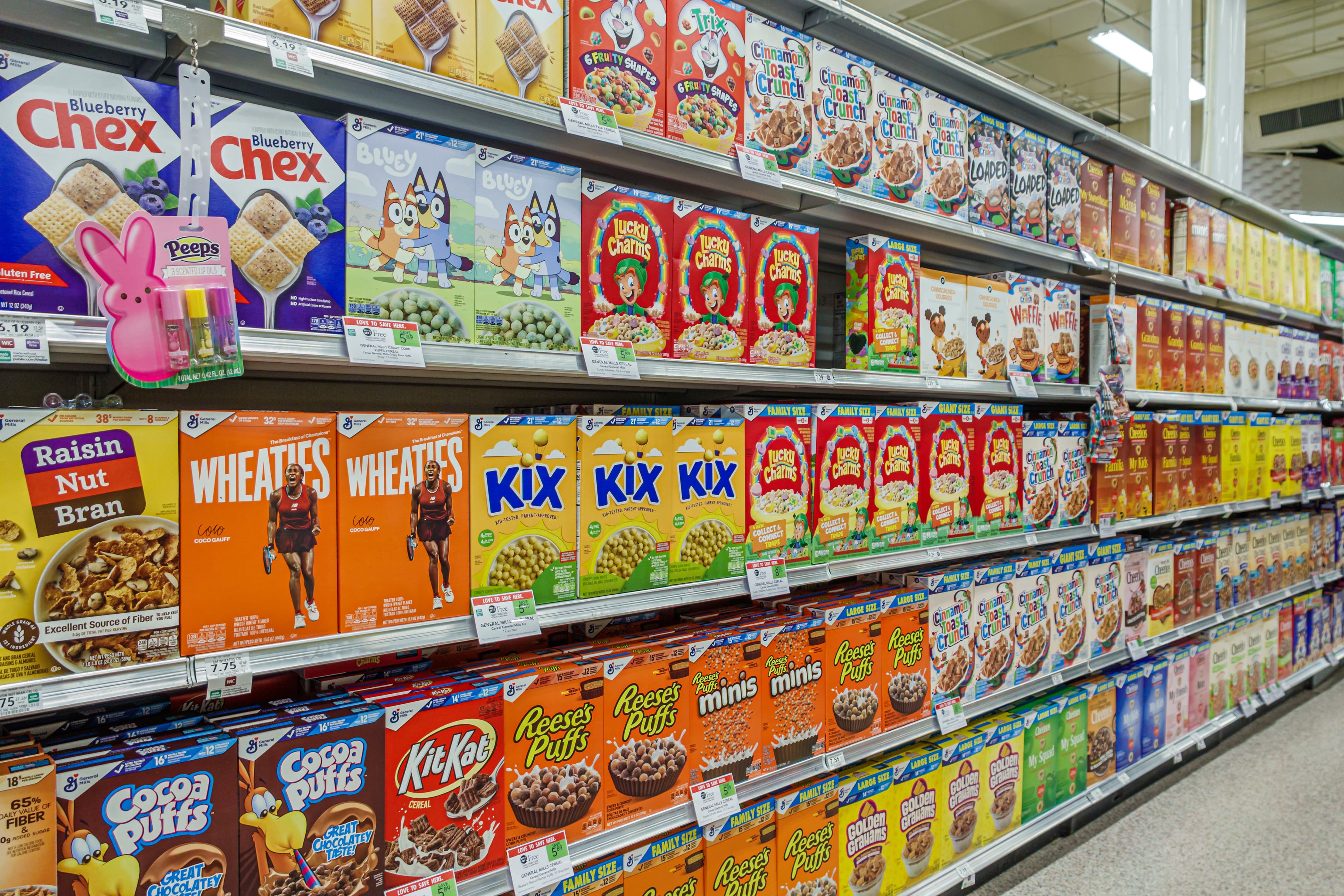 Cereal aisle in grocery store
