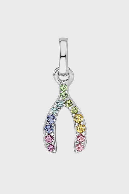 Sterling Silver Rhodium Plated Rainbow Nano Crystal Wishbone Charm