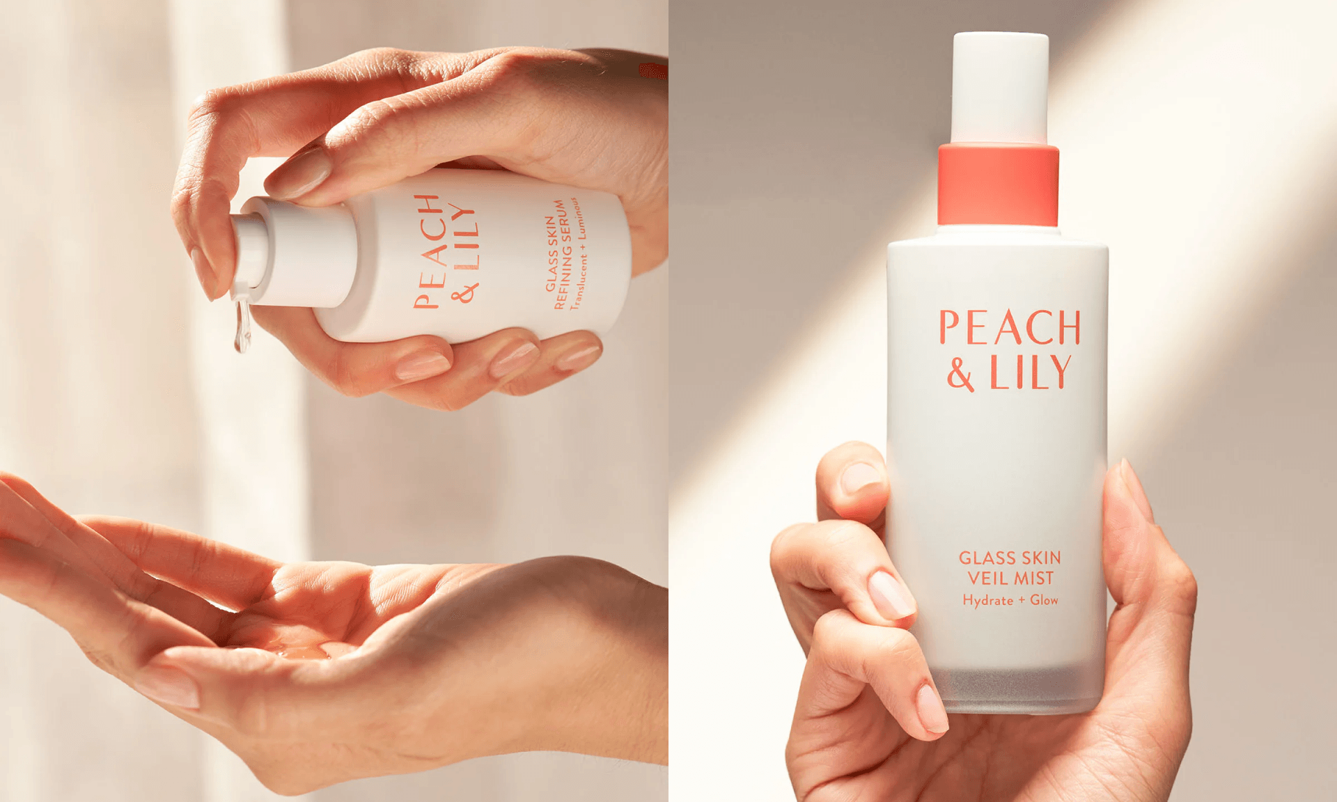 Woman pumping skincare serum into hands; woman holding bottle of skincare mist