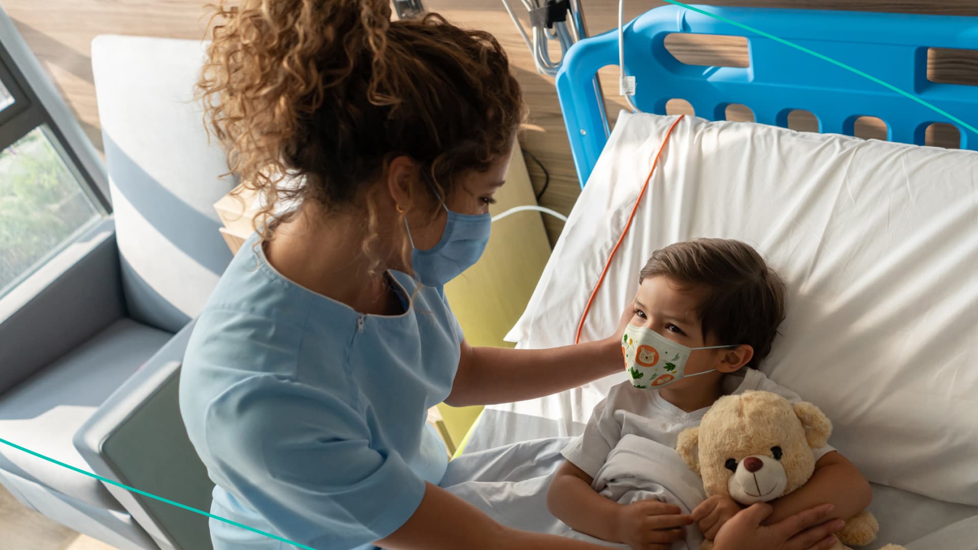 Woman cares for child hospitalized with COVID-19.