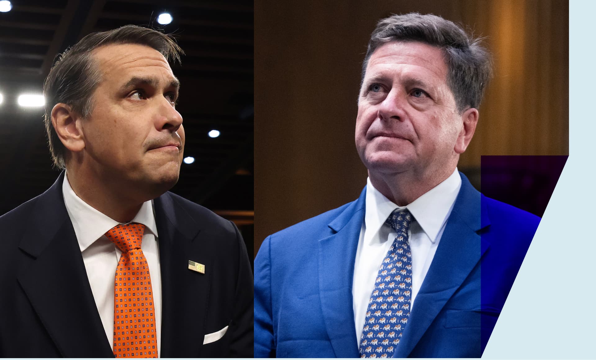 Side by side photos of Acting Attorney General Todd Blanche and Jay Clayton, nominee to be director of national intelligence at their confirmation hearings.