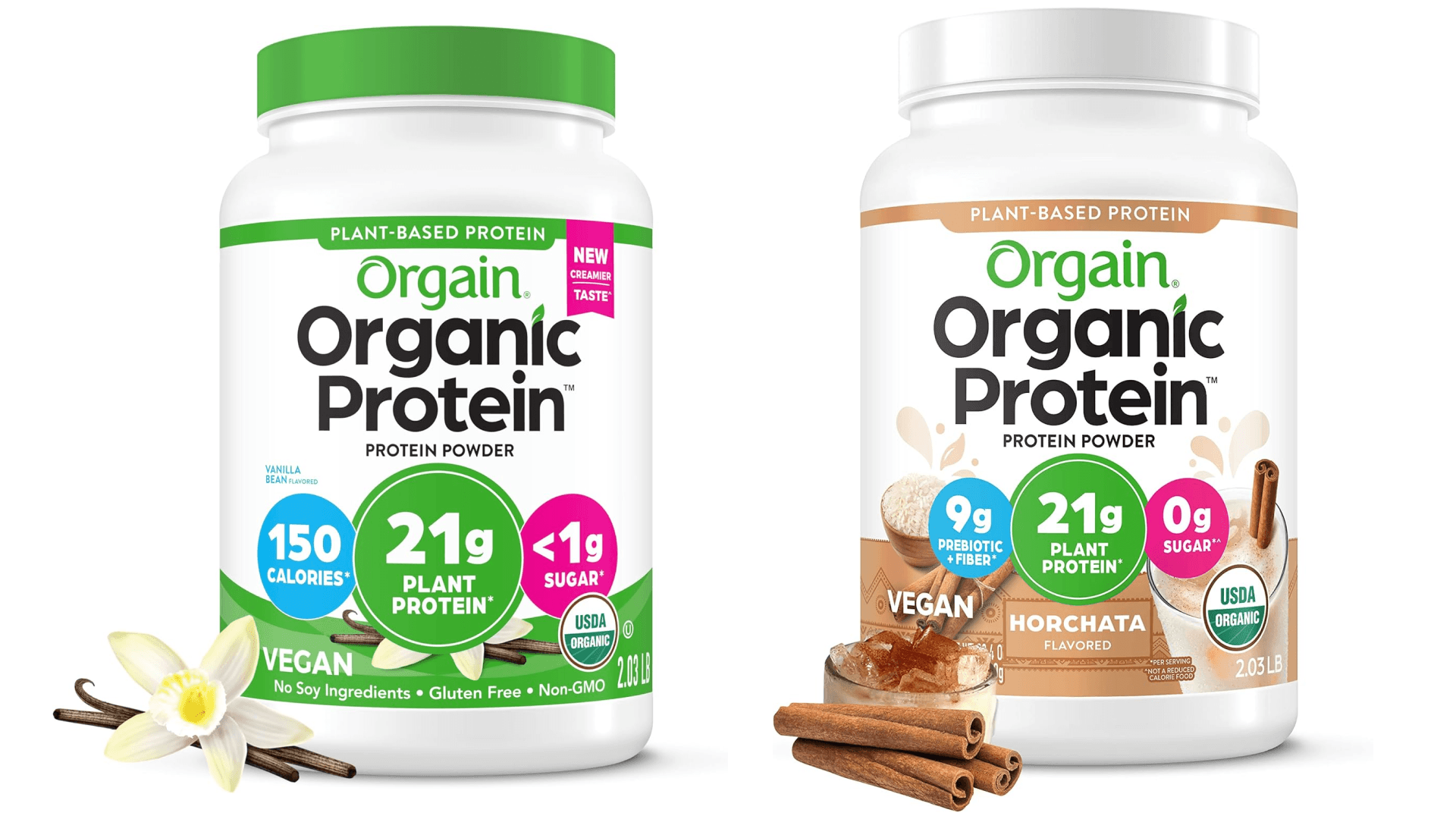 Orgain protein powders in vanilla and horchata