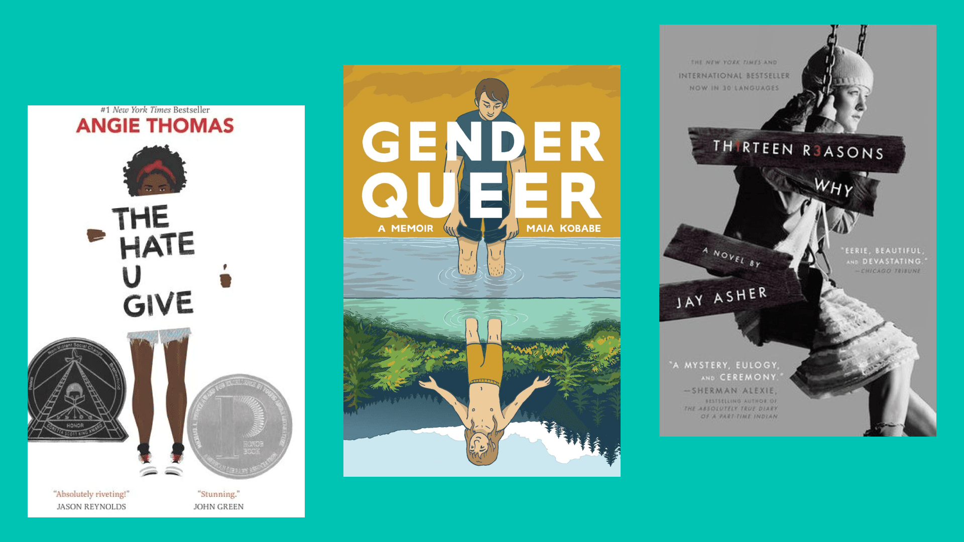 Florida books with warning labels including The Hate U Give, Gender Queen, Thirteen Reasons Why