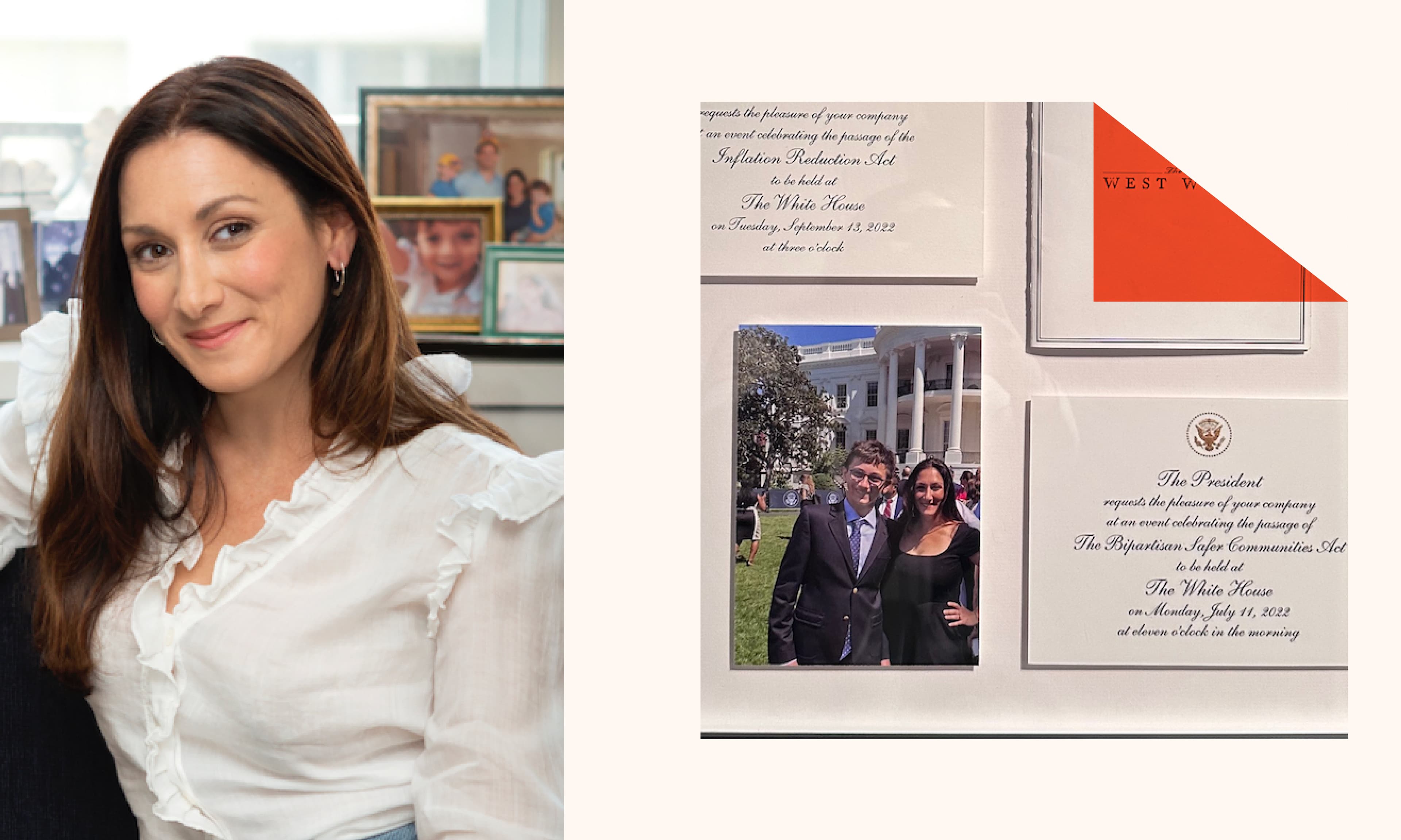 A photo of Lauren Smith Brody in her home office and a photo of her framed career highlights